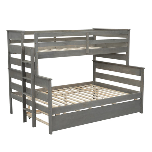 Grey Wood Twin over Full Bunk Bed with Twin Trundle, Solid Pine Wood+MDF, 79.1''L x 58.3''W x 60.6''H