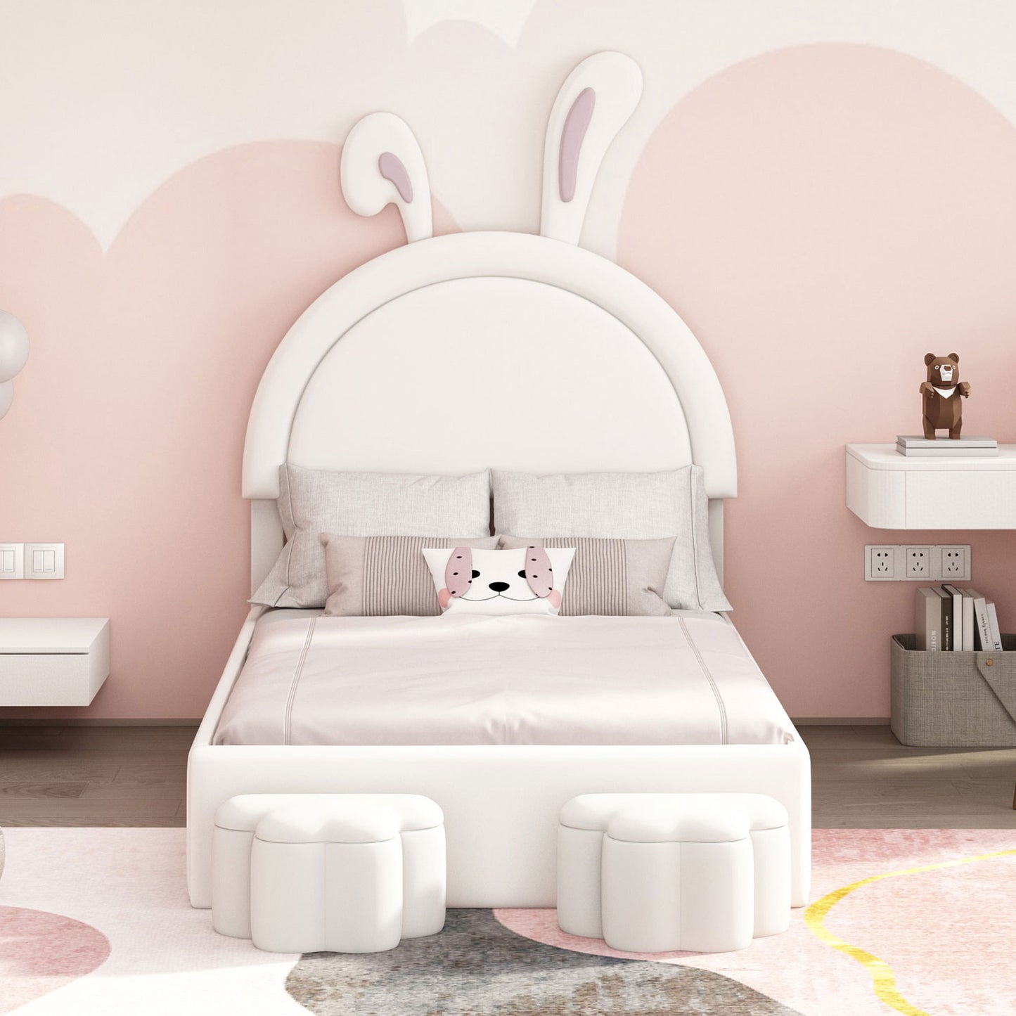 Twin size Upholstered Rabbit-Shape Bed with 2 Storage Stools, Velvet Platform Bed with Cartoon Ears Shaped Headboard, White