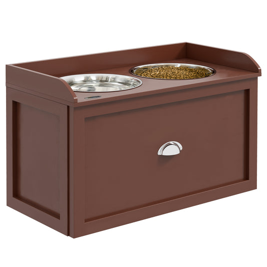 PawHut Dog Feeding Station with Storage Drawer, Dog Food Storage Cabinet with 2 Removable Elevated Dog Bowls for Large Sized Dogs, Brown