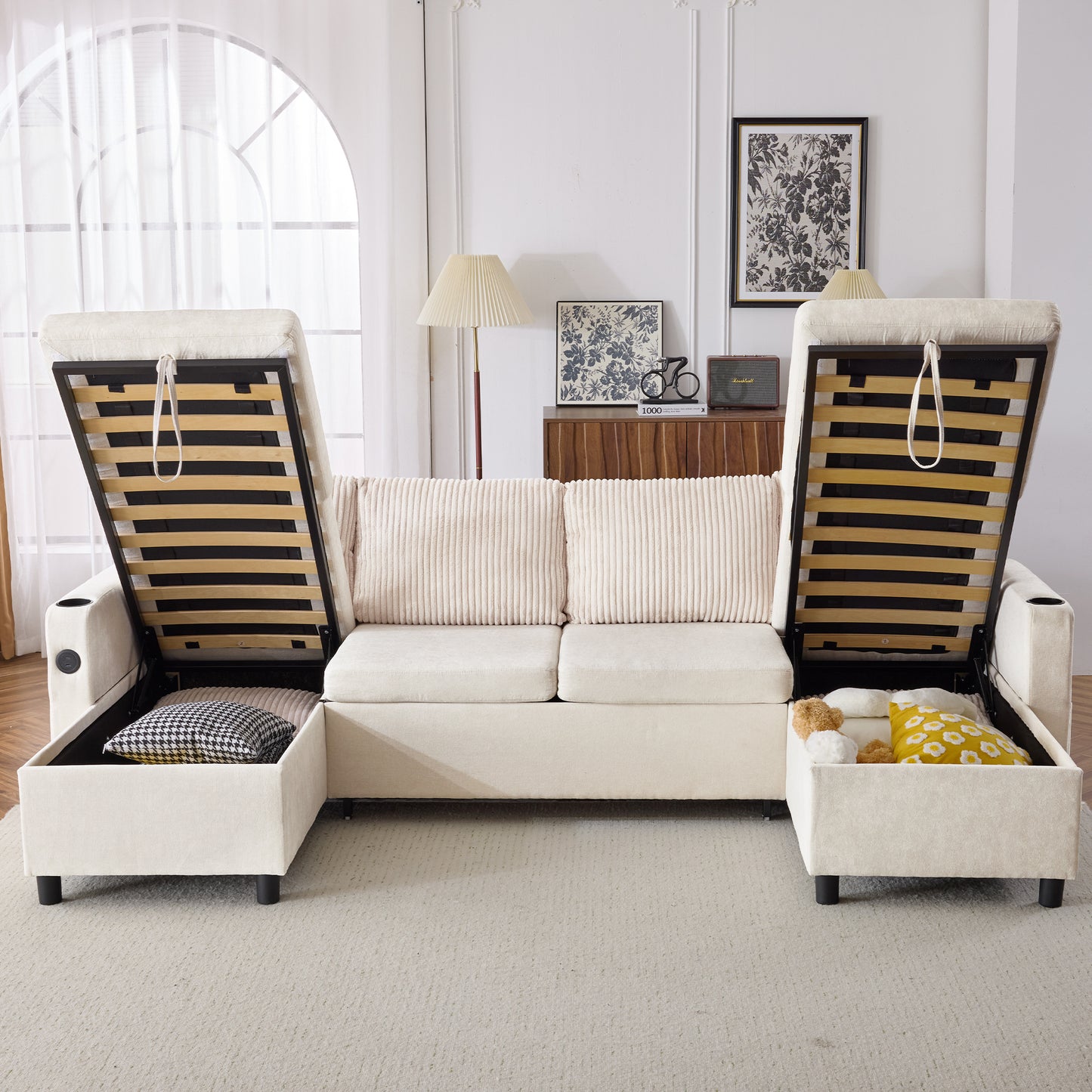 111.8" Sectional Sofa Pull-out Sofa Bed Versatile Sofa Sleeper with Large Storage Space, Two USB Ports and Two Cup Holders for Living Room, Beige