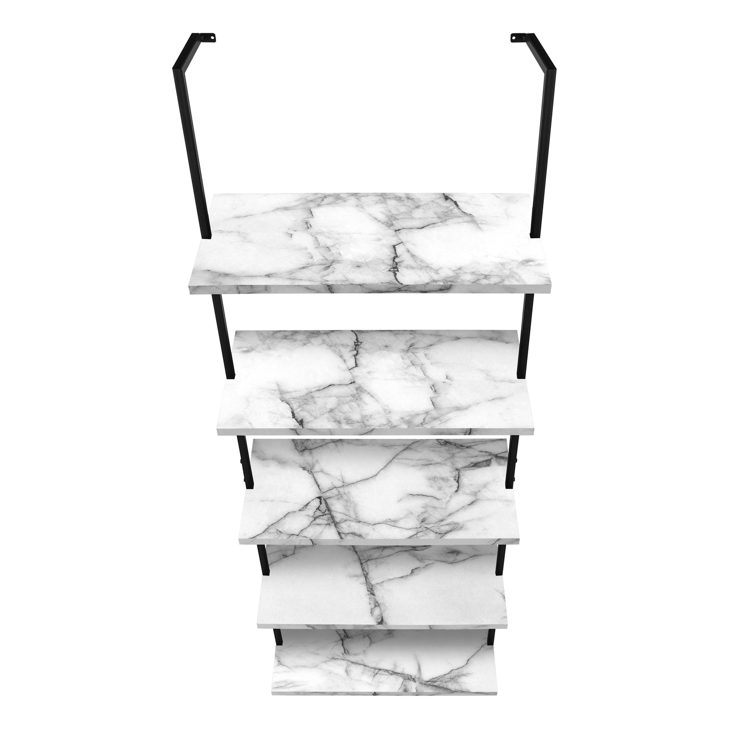 Bookshelf, Bookcase, Etagere, Ladder, 5 Tier, 72"h, Office, Bedroom, White Marble Look Laminate, Black Metal, Contemporary, Modern
