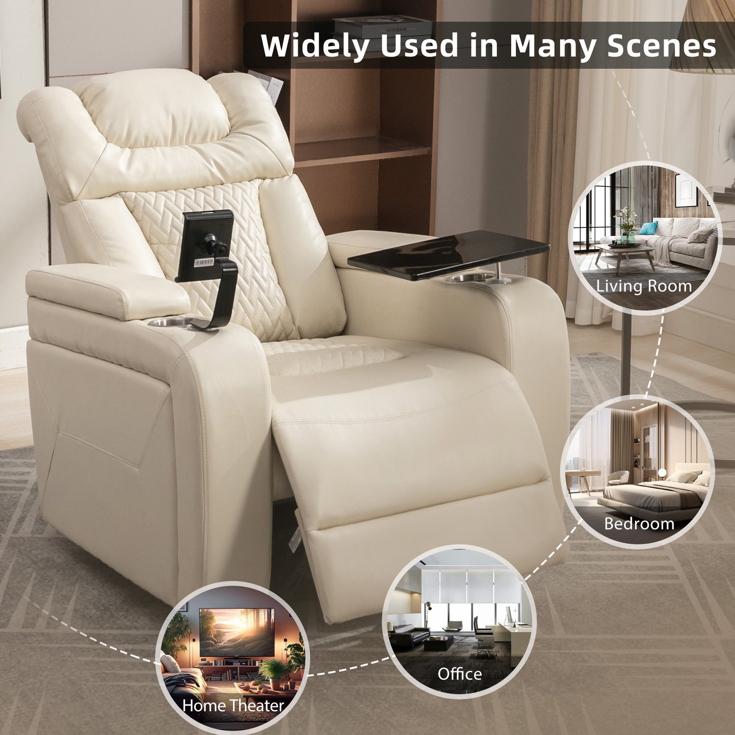 270 Degree Swivel PU Leather Power Recliner Individual Seat Home Theater Recliner with  Comforable Backrest, Tray Table,  Phone Holder, Cup Holder,  USB Port, Hidden Arm Storage for Living Room, White