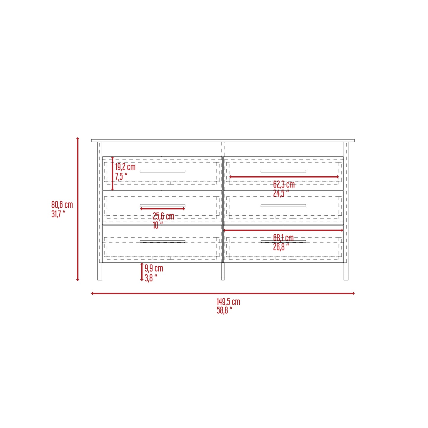 Hms 6 Drawer Double Dresser, Four Legs, Superior Top -White