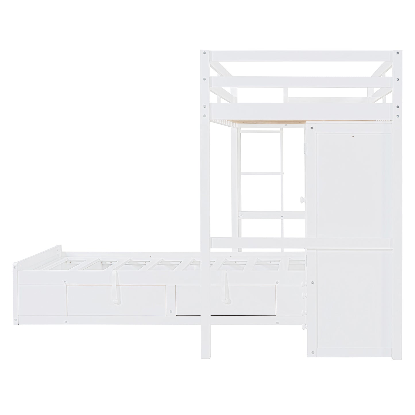 Twin Bunk Bed with Drawers, Wardrobe, Storage Shelves and Hydraulic Bed,White