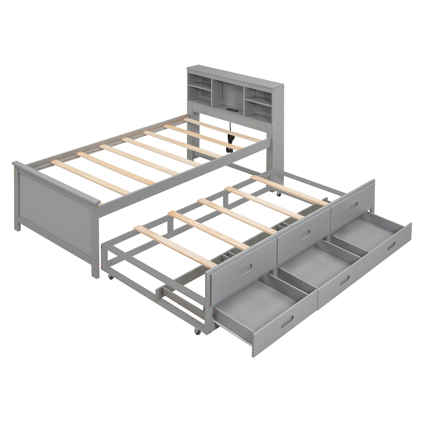 Twin Size Platform Bed with Storage Headboard, USB, Twin Size Trundle and 3 Drawers, Gray