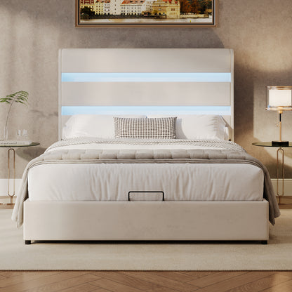 Upholstered Platform King Size Hydraulic Storage Bed, Lift Up Storage Bed with RGB LED Light Headboard, No Box Spring Needed,Velvet,Beige