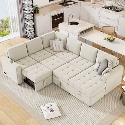 107.5" U-shaped Sofa Sectional Sofa Pull-out Sofa bed with a Storage Chaise Lounge, Charging Devices for Living Room, Beige