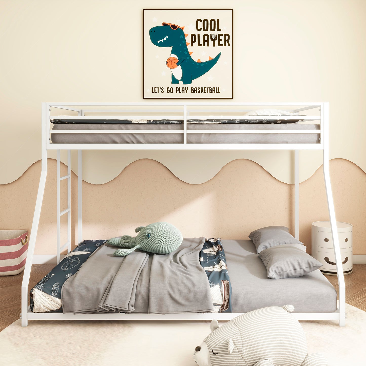 Adam Sturdy Twin over Full Metal Bunk White for Kids and Adult, Low Profile and Easy Climbing with Stable Ladder