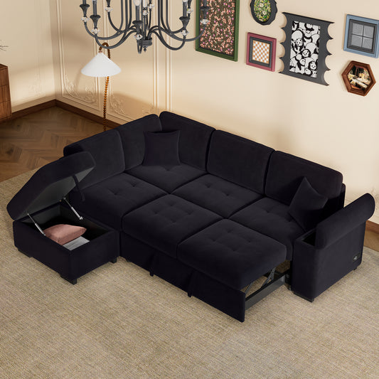 Sleeper Sectional Sofa, L-Shape Corner Couch Sofa-Bed with Storage Ottoman & Hidden Arm Storage & USB Charge  for Living Room Apartment, Black