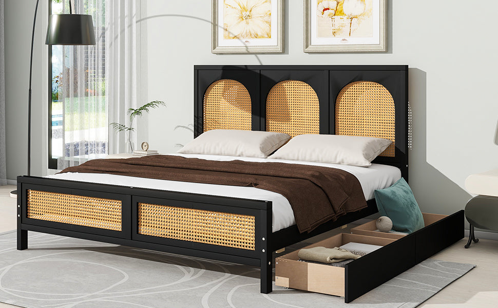 Queen Size Wood Storage Platform Bed with 2 Drawers, Rattan Headboard and Footboard, Black