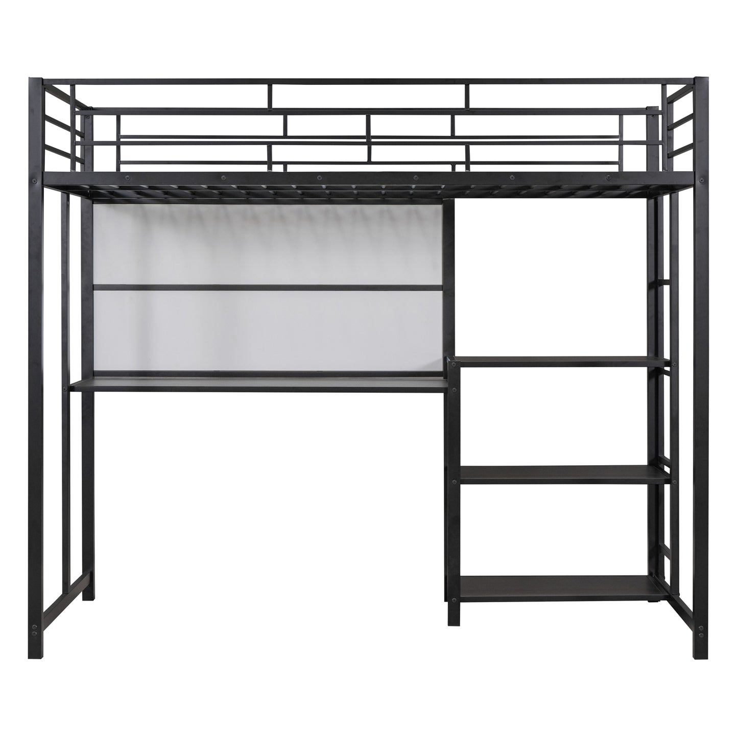 Twin Size Loft Bed with Desk and Whiteboard, Metal Loft Bed with 3 Shelves and Ladder, Black