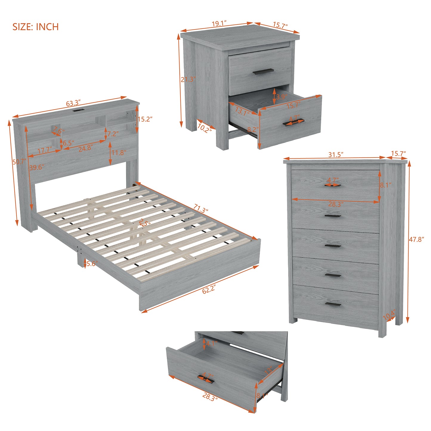 4-Pieces Bedroom Sets Queen Size Vintage Wooden Bed Frame with 2 Nightstands and 1 Dresser,Light Gray