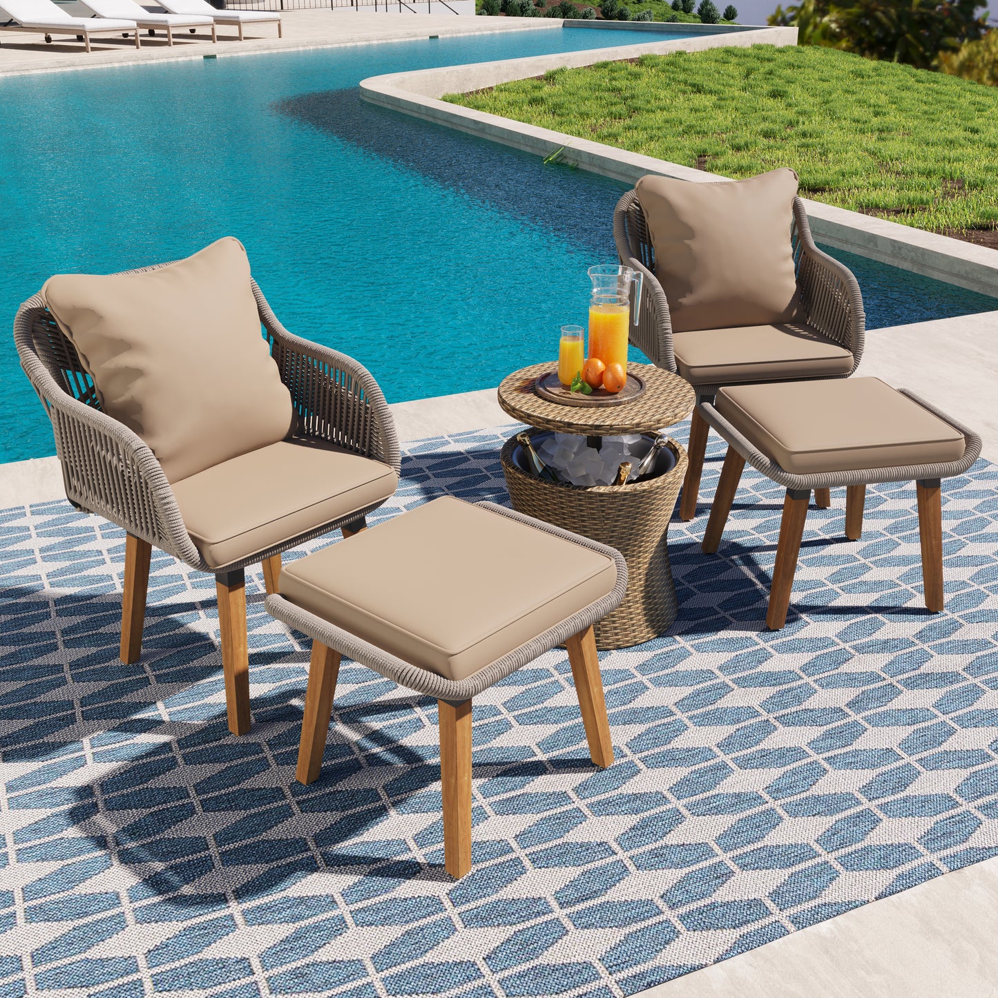 K&K 5 Pieces Patio Furniture Chair Sets, Patio Conversation Set With Wicker Cool Bar Table, Ottomans,Outdoor Furniture Bistro Sets for Porch,Backyard,Balcony,Poolside Brown