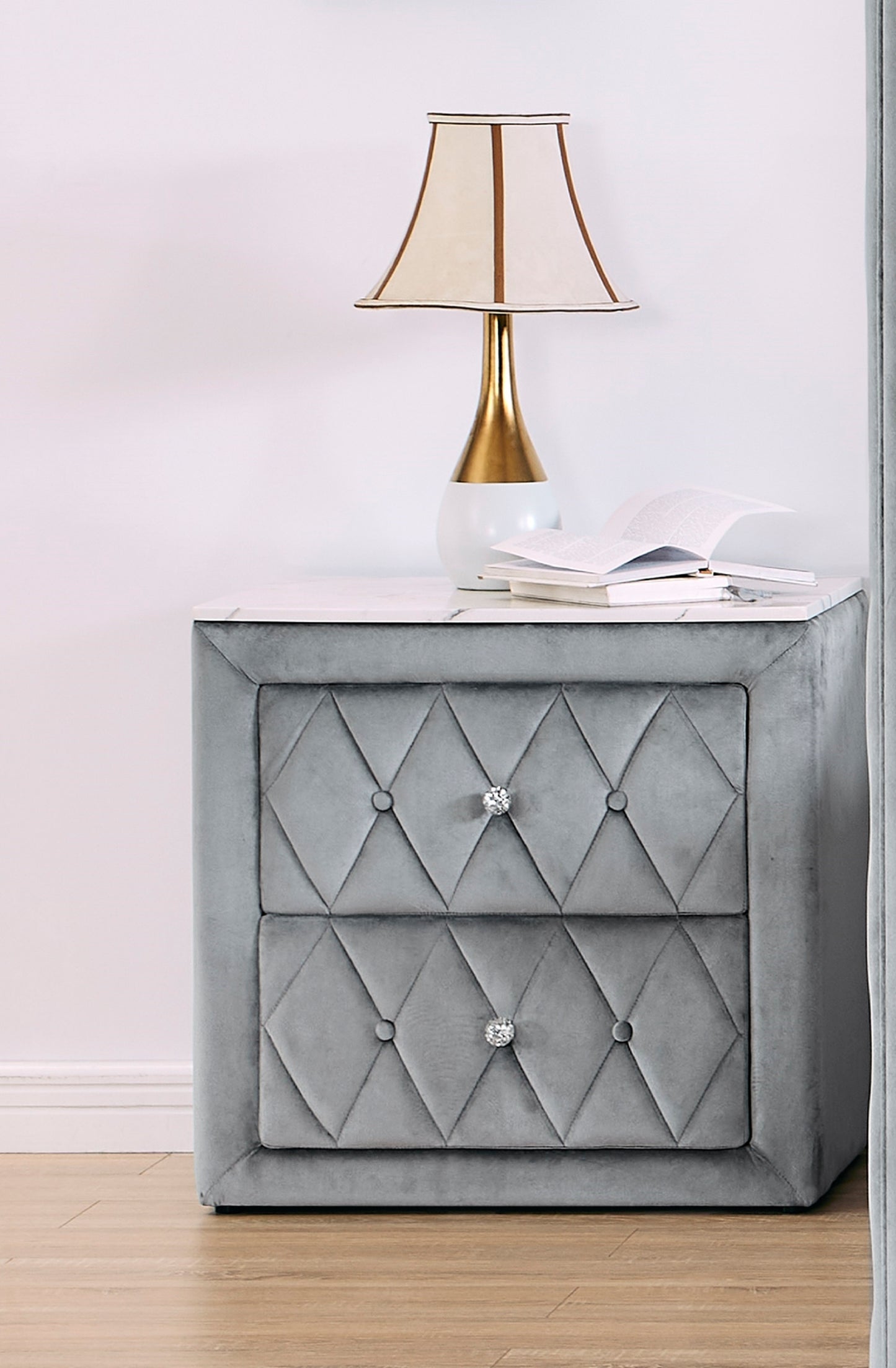 1pc Faux Marble Top Nightstand 2- Drawers Storage Gray Finish Button Tufted Faux Crystal Tufted
