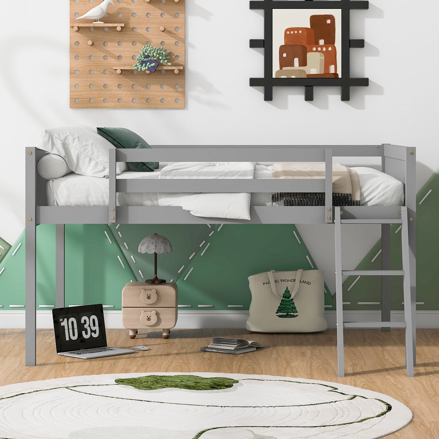 Full Size Wood Low Loft Bed with Ladder, ladder can be placed on the left or right, Gray (Old SKU:GX000366AAE)