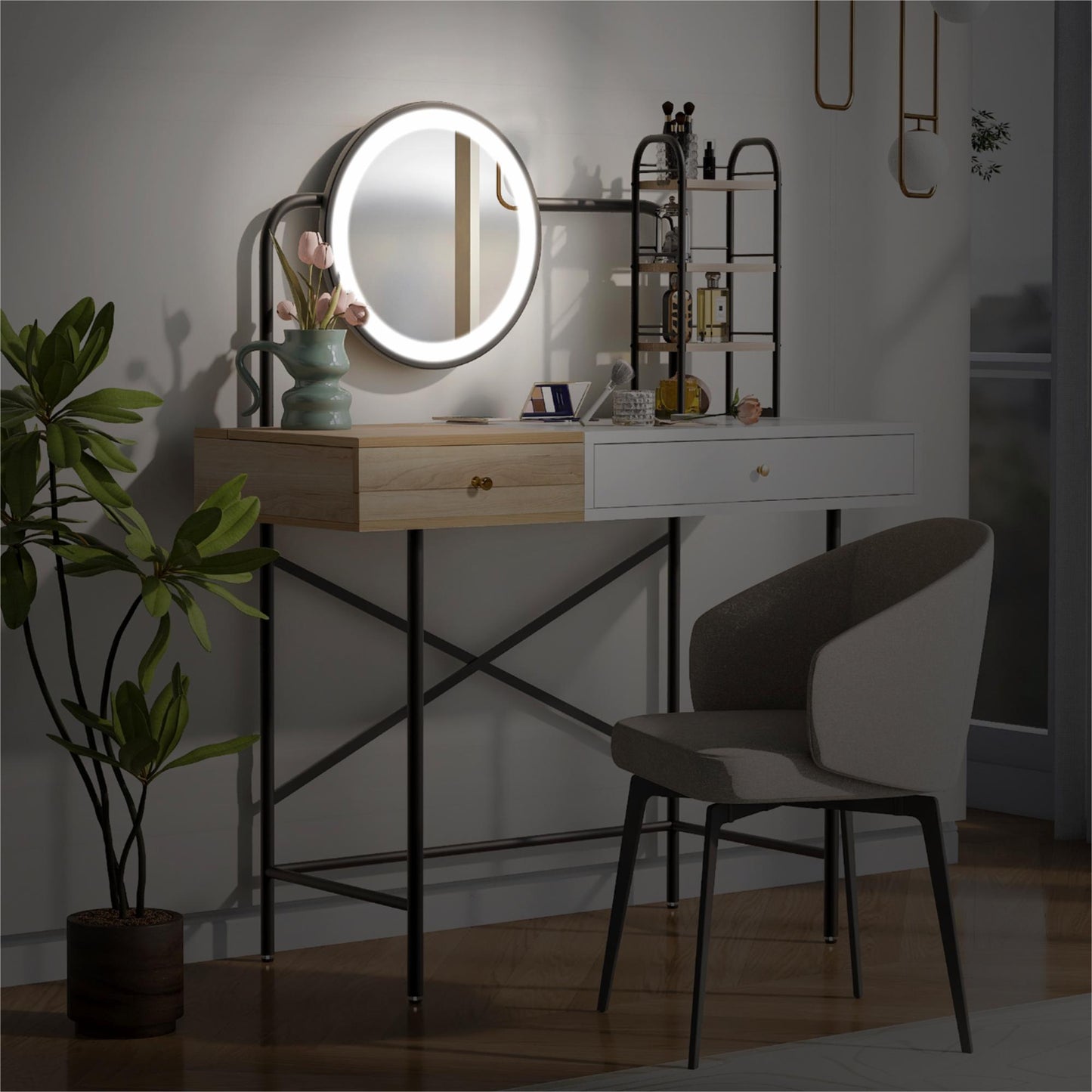 GO 40" Makeup Vanity Desk with 3-Mode Lighted Mirror & Wireless Charging Station , Vanity Table with Drawer & 3 Open Shelves for Ample Storage Space, Dressing Table for Bedroom, White