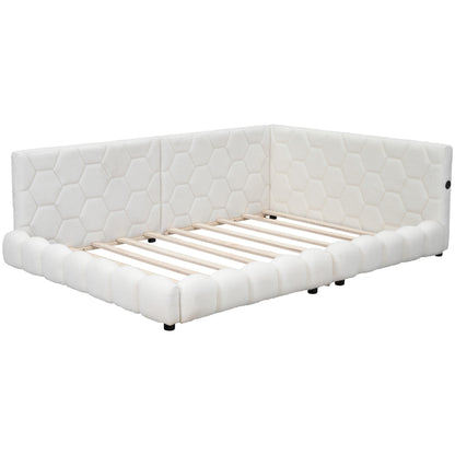 Upholstered Full Size platform bed with USB Ports and LED belt, White