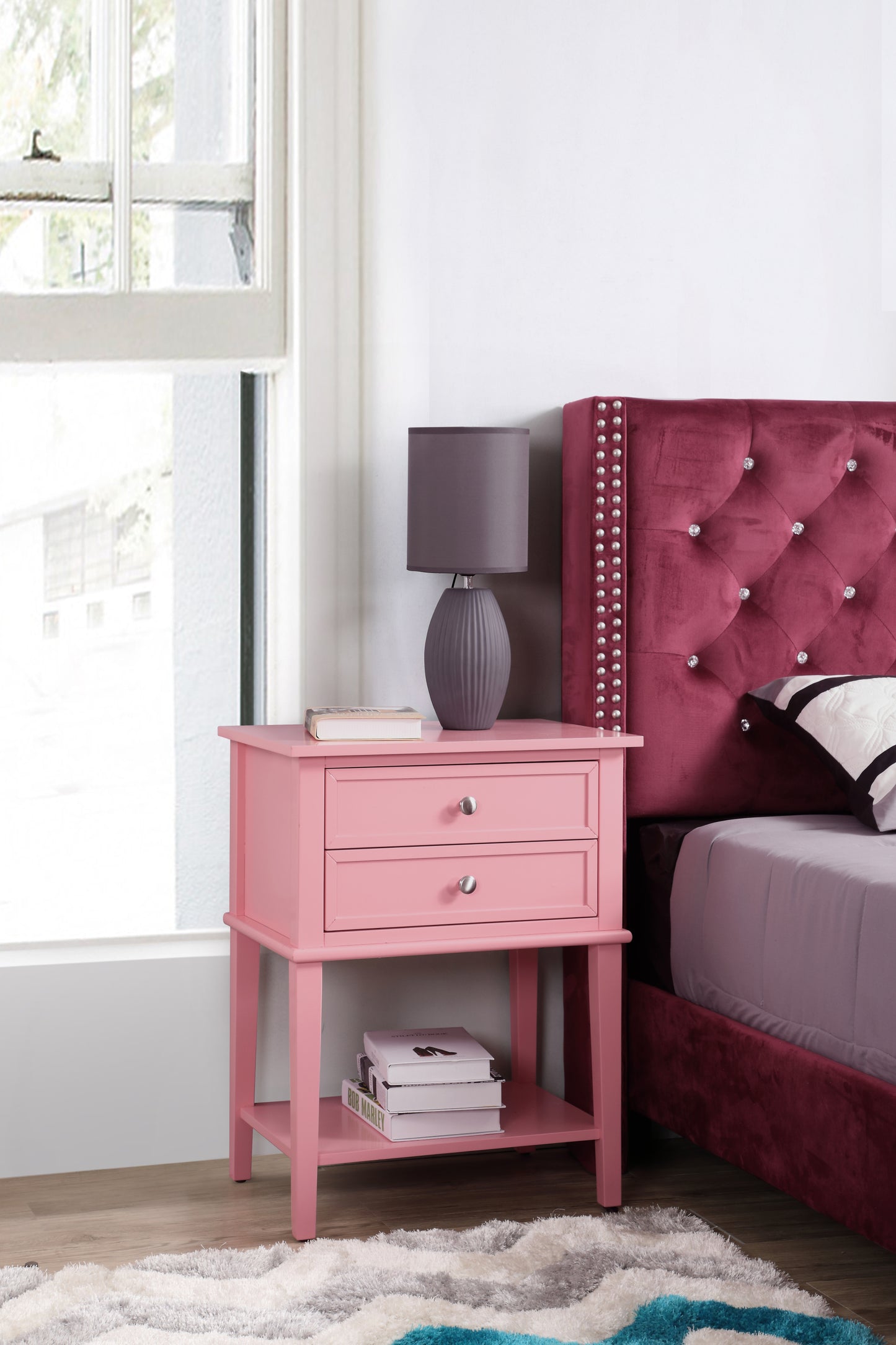 Contemporary Pink Nightstand With Open Shelf