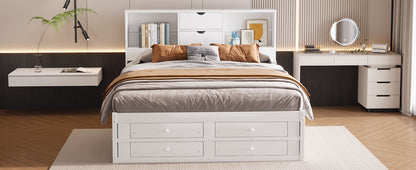 King Size Platform Bed with Storage Headboard and 8 Drawers, White