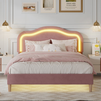 Twin Size Velvet Upholstered Smart LED Bed Frame with Adjustable Height Headboard,No Box Spring Needed,Easy Assembly,Pink