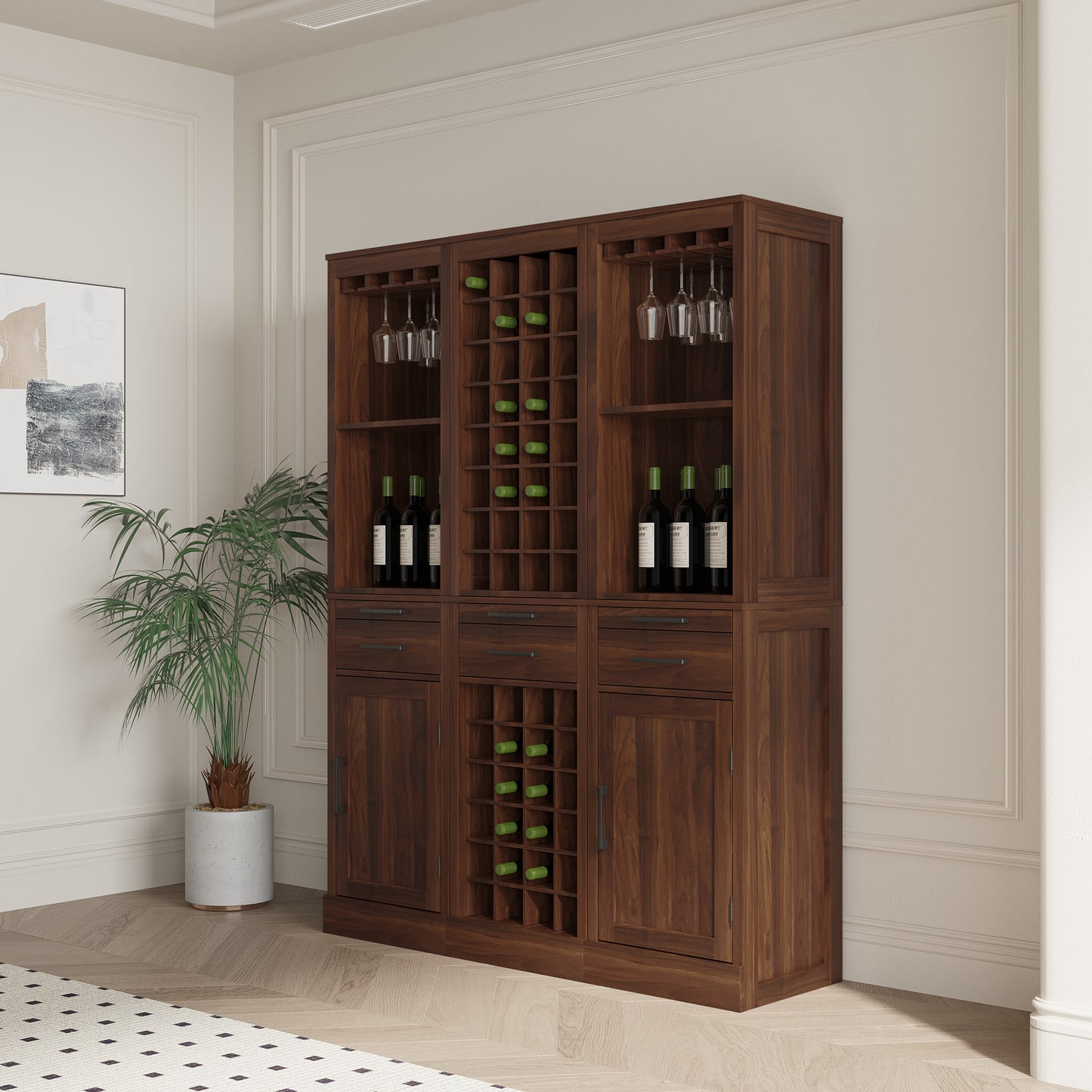 brown walnut color modular wine bar cabinet Buffet Cabinet with Hutch for Dining Room