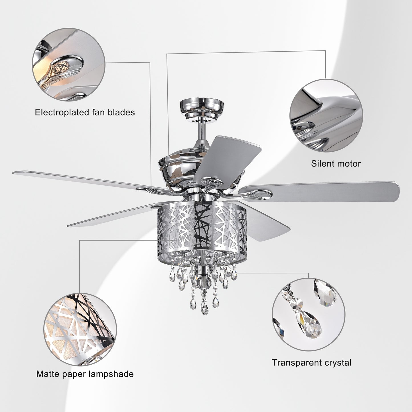 Elegant Metal  52-inch Ceiling Fan (Optional Remote&2 Color Option Blades)  or Bedroom, Living Room, Dining Room--Chrome