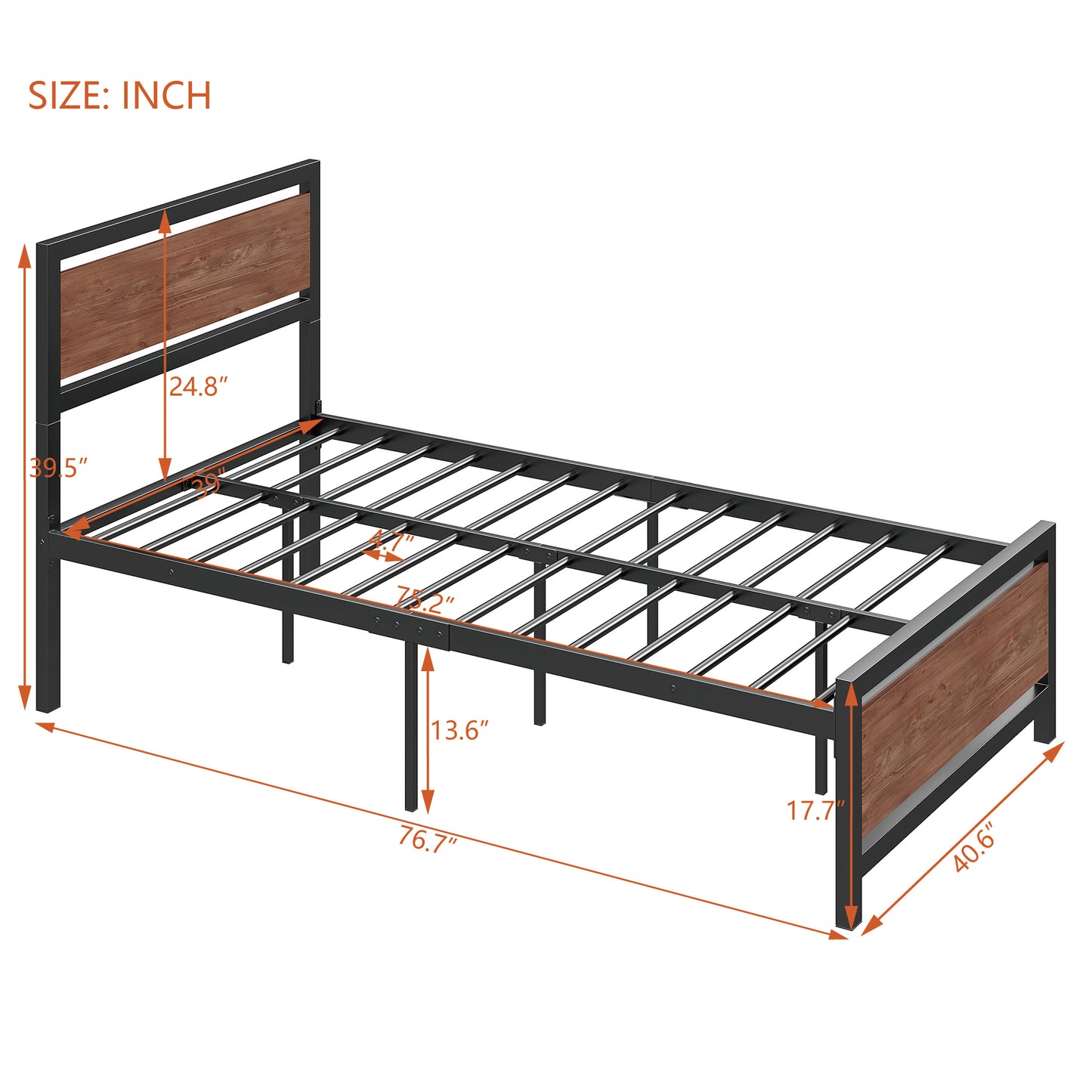 Twin Size Platform Bed, Metal and Wood Bed Frame with Headboard and Footboard, Black