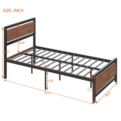 Twin Size Platform Bed, Metal and Wood Bed Frame with Headboard and Footboard, Black