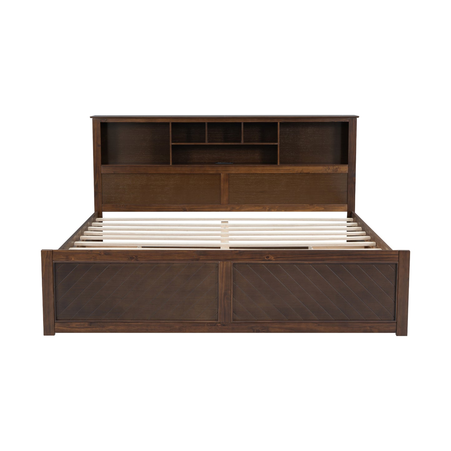 King Size Wood Platform Bed with Multi-storage Headboard, USB and Drawers, Antique Wood Color