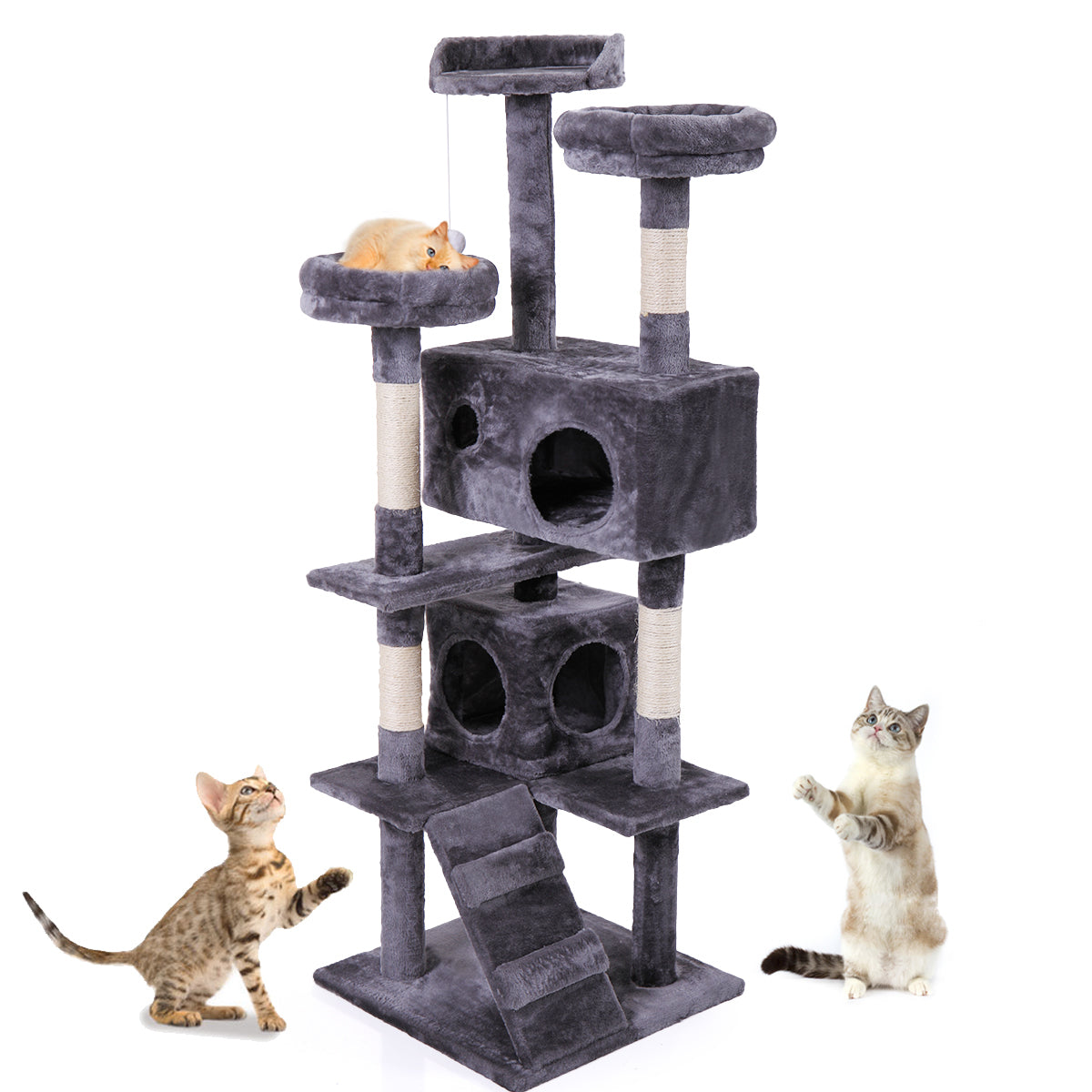 Cat Tree Cat Tower with Scratching Ball, Plush Cushion, Ladder and Condos for Indoor Cats, Gray