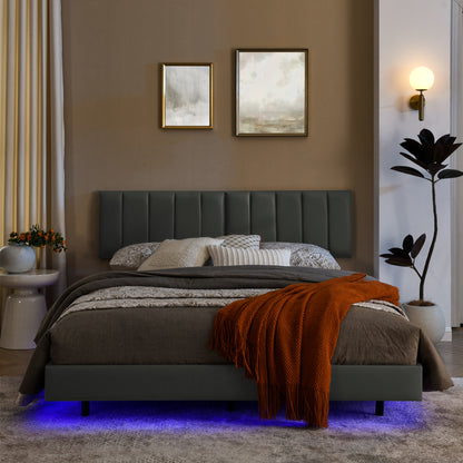 Queen Floating Bed Frame with LED Lights and Wall Mounted Headboard Modern Low Profile Led Platform Bed Frame Queen Size Faux Leather Upholstered Platform Bed Frame,No Box Spring Needed,Grey