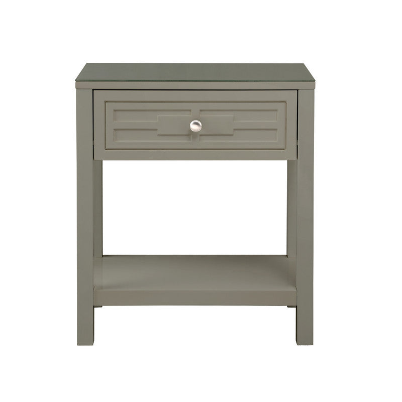 Dylan 23" Taupe Wooden End Side Table Nightstand with Glass Top and Drawer