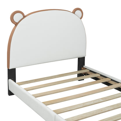 Twin Size Upholstered Platform Bed with Bear-shaped Headboard and Footboard,White+Brown