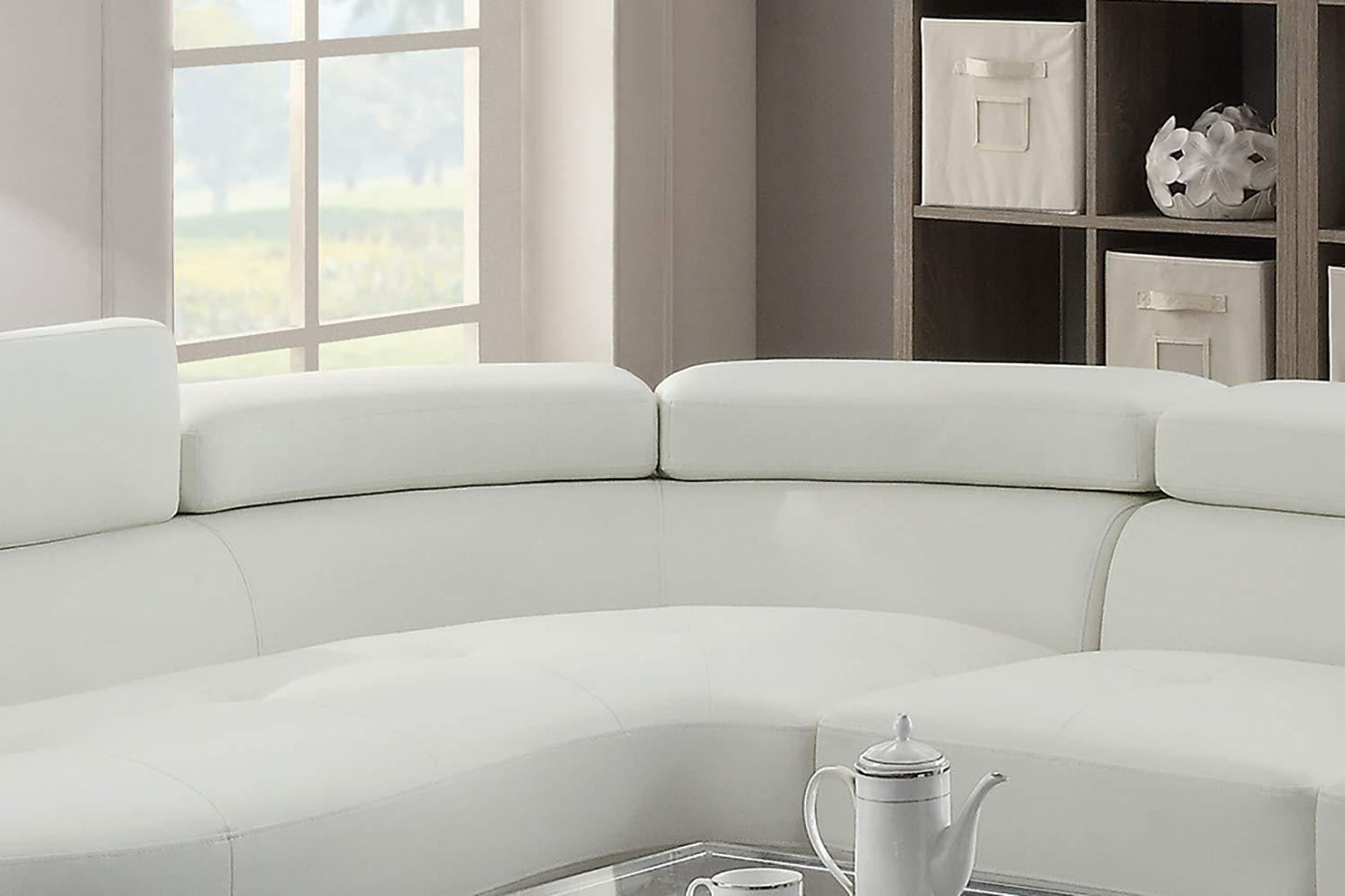 Living Room Furniture Sectional Sofa 2pc Set White Faux Leather Flip-up Headrest Sofa Chaise