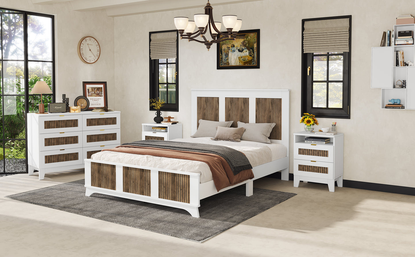 4-Pieces Bedroom Sets, Queen Size Farmhouse Platform Bed with Wooden Strip Decoration, Storage Nightstand and Dresser with Metal Handle, White