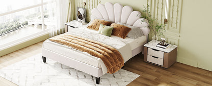 Queen Size Upholstered Platform Bed with Flower Pattern Velvet Headboard, Beige