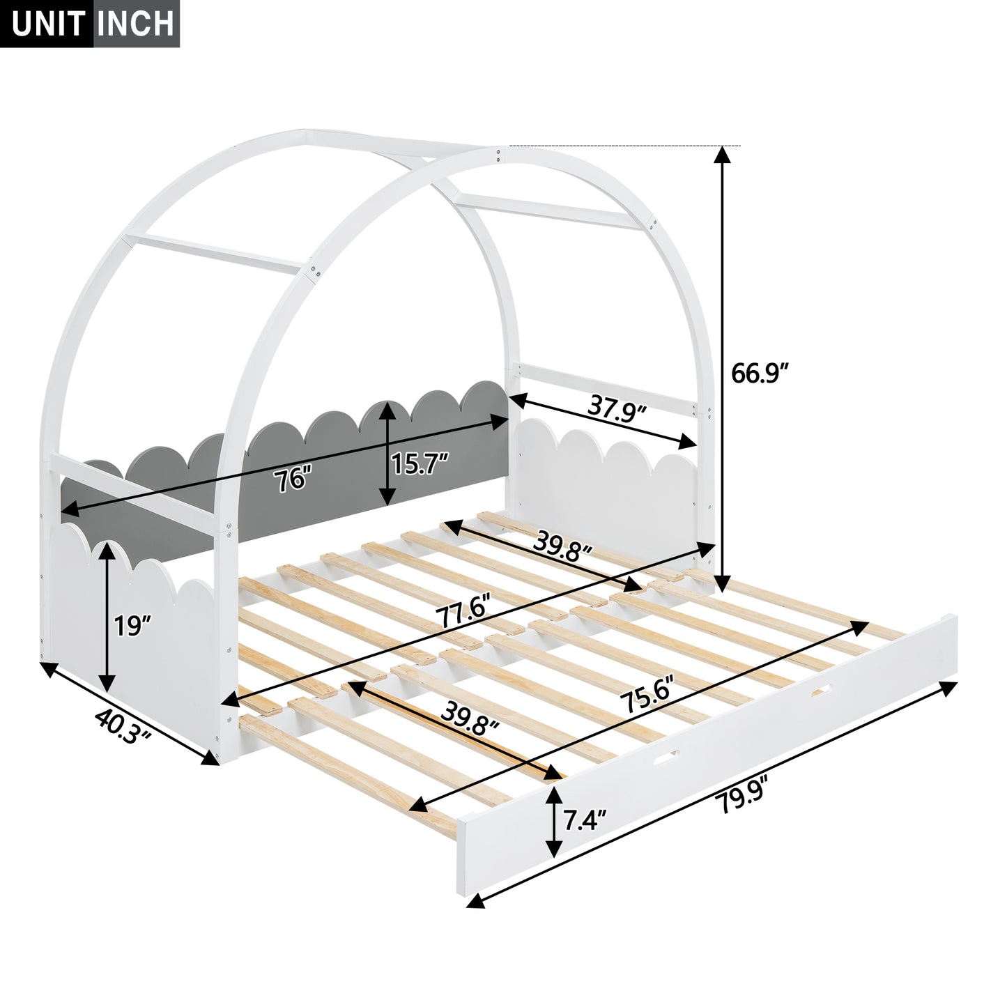 Twin size stretchable vaulted roof bed, children's bed pine wood frame, white+gray