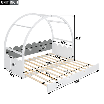 Twin size stretchable vaulted roof bed, children's bed pine wood frame, white+gray