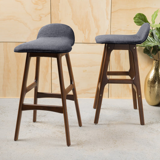 28.5" Mid-Century Modern Upholstered Low Back Barstools (Set of 2), Charcoal, Walnut Finish