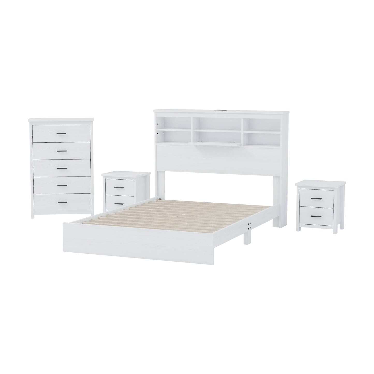 4-Pieces Bedroom Sets Queen Size Vintage Wooden Bed Frame with 2 Nightstands and 1 Dresser, White