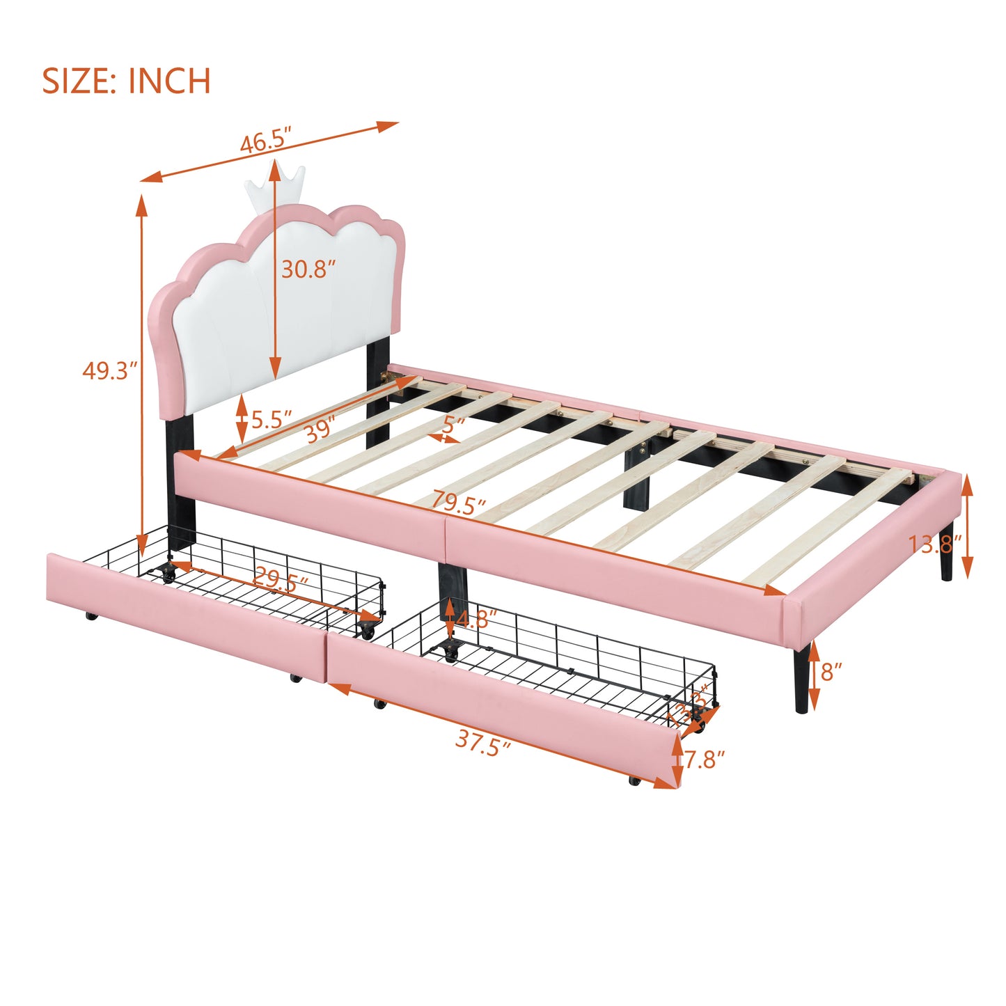 Twin Size Upholstered Princess Bed With Crown Headboard and 2 Drawers,Twin  Size Platform Bed with Headboard and Footboard,White+Pink