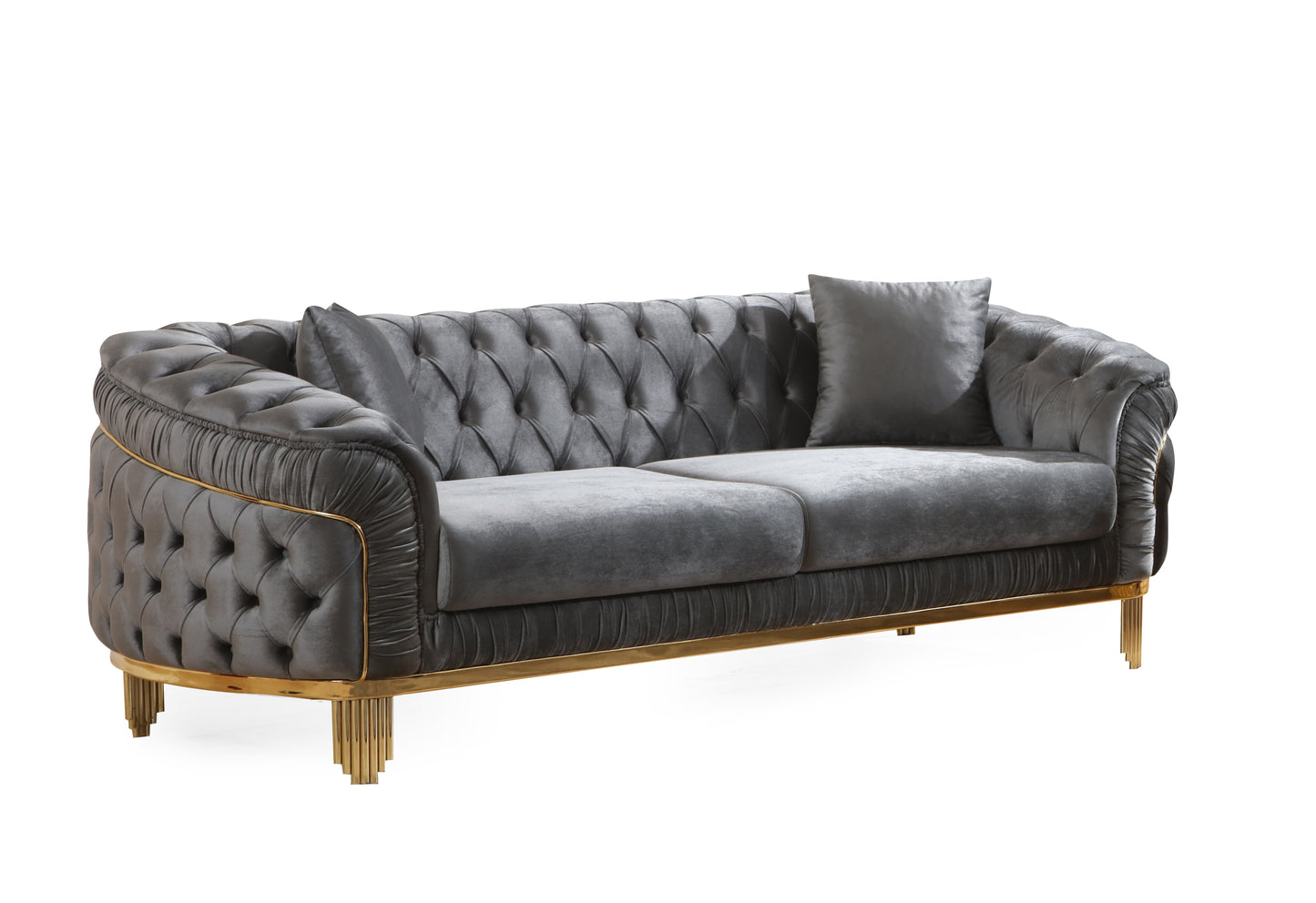 Vanessa Sofa in Grey and Gold with Fabric button-tufted velvet upholstery Finish