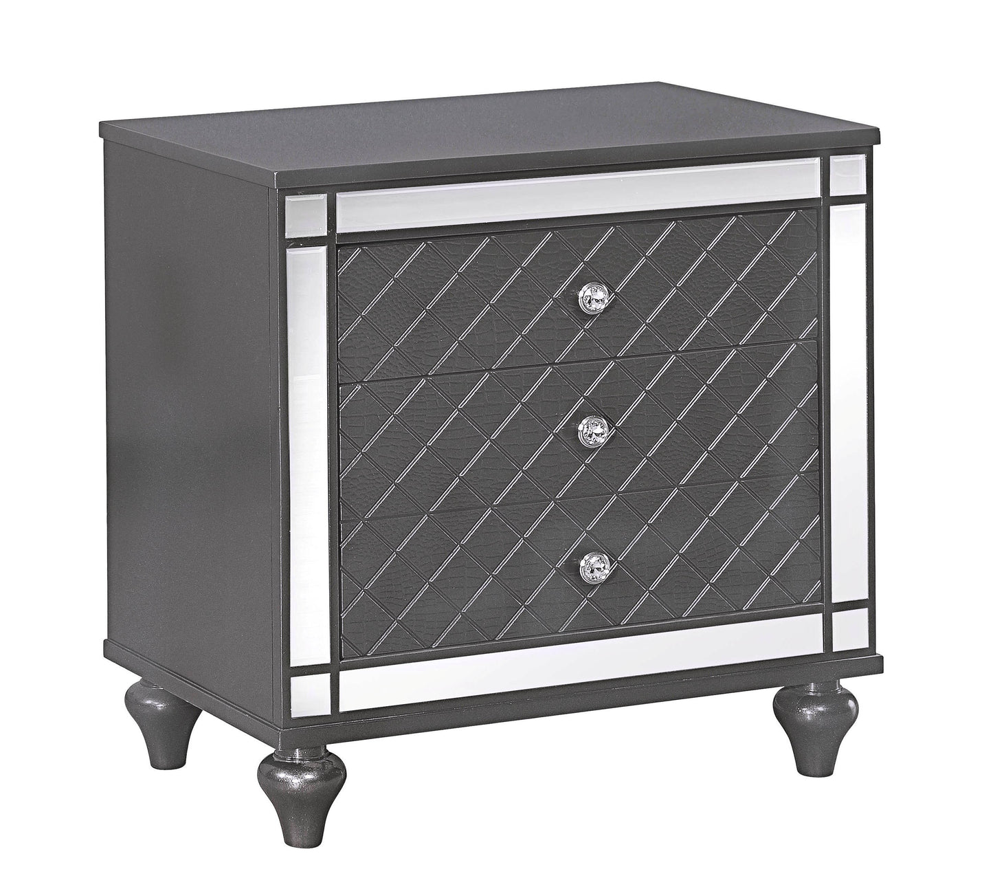 1Pc Glam Contemporary Style 3-Drawer Nightstand End Table with Mirror Plating Tapered Legs Gray Finish Bedroom Solid Wood Wooden Furniture