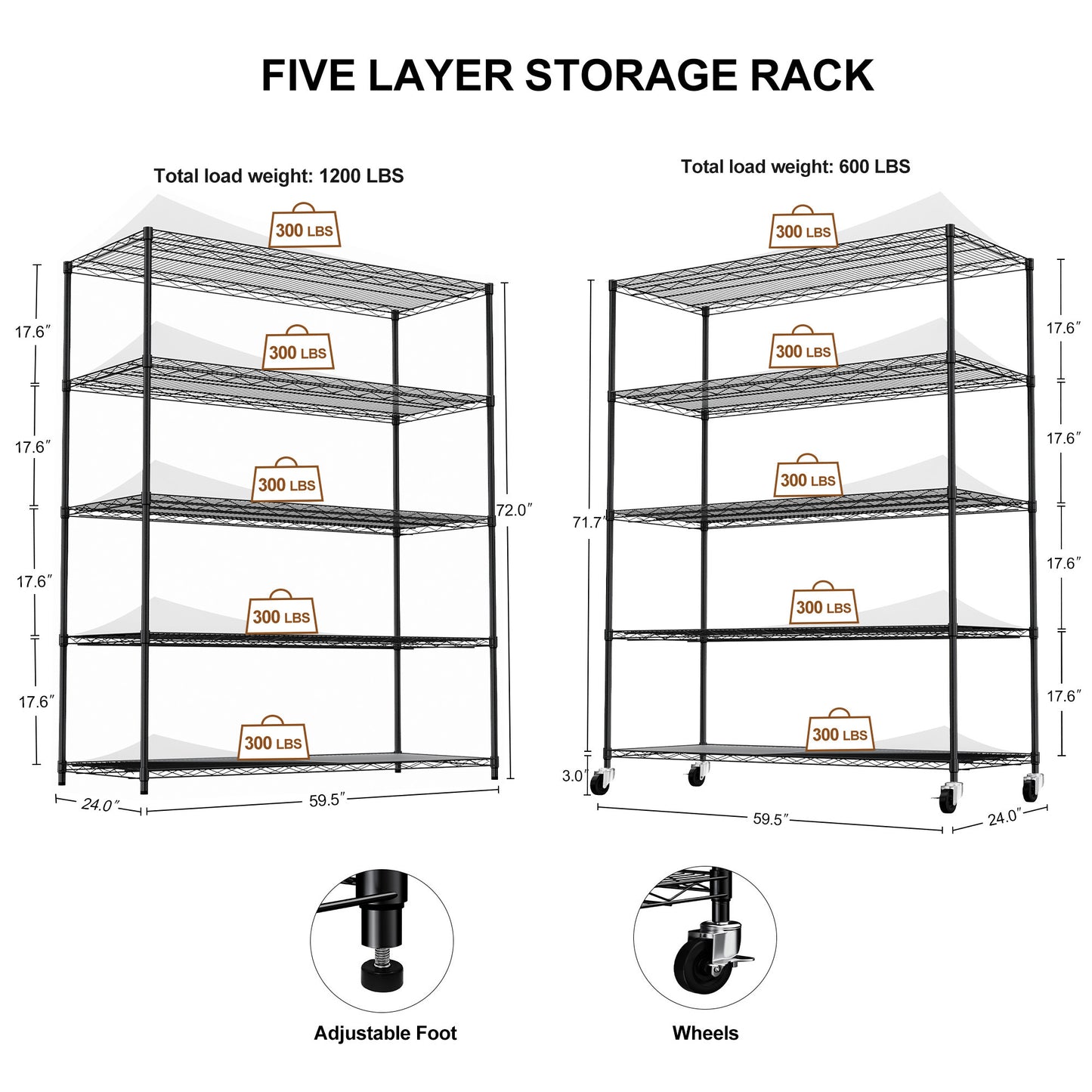 5-tier heavy-duty adjustable shelving and racking, 300 lbs. per wire shelf, with wheels and shelf liners, for warehouses, supermarkets, kitchens, etc. 59.45 "L × 24.02 "W × 71.65 "H,Black