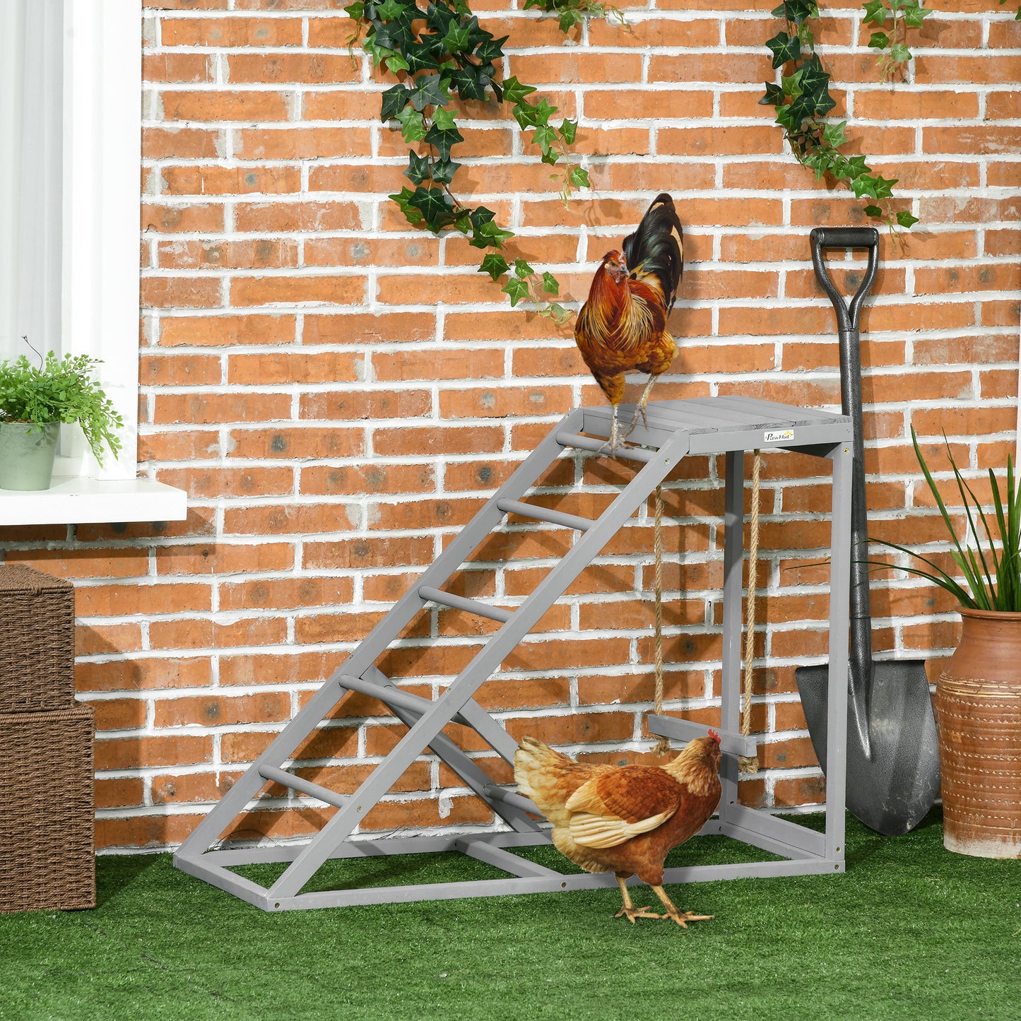 PawHut Chicken Activity Play for Healthy & Happy Animals, Swing Set with Chicken Perches & Hen Ladder, Chicken Coop Toy, Gray