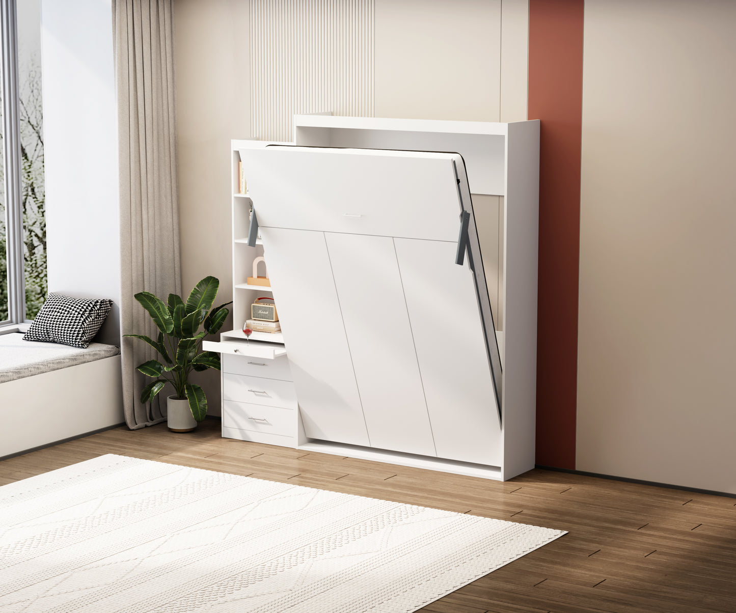 Full Size Vertical Murphy Bed with Shelf and Drawers for Bedroom or Guestroom White Wall Bed Space Saving Hidden Bed, updated Gas Strut design.