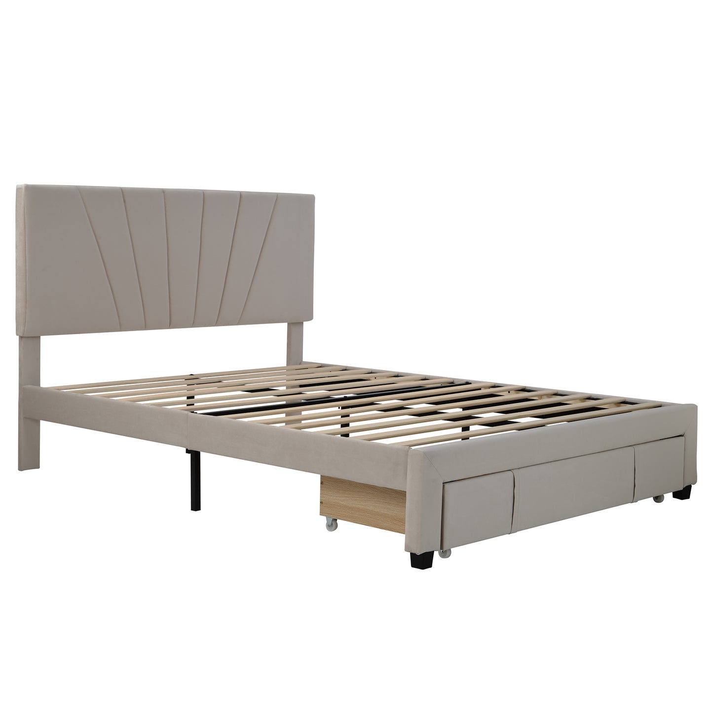 Queen Size Storage Bed Velvet Upholstered Platform Bed with a Big Drawer - Beige