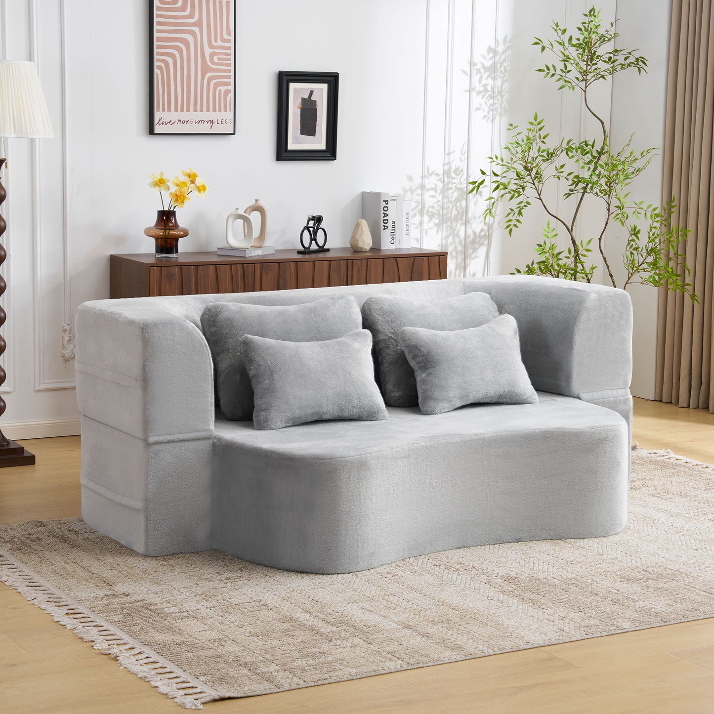Queen Size Modern Light Grey Floor Sofa with 4 Pillows, Plush Fabric Futon Sofa Couch, High-Density Foam Folding Mattress for Living Room,Guest, Bedroom,No Assembly Required
