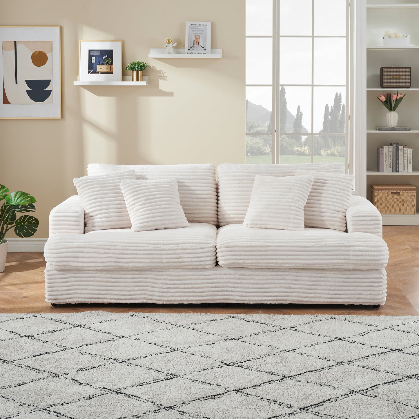 79.3 inches long, Corduroy Sofa, with 4 Matching Toss Pillows Sleek Design Spacious and Comfortable 3 Seater Couch for Modern Living Room,WHITE