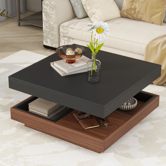 ON-TREND Modern Square 360°Rotating Coffee Table with Three Detachable Tray, 2-Tier Farmhouse Wood Center Table with Storage for Living Room, Black, 27.5*27.5in
